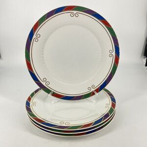 Set of 4 Pier 1 Celebration 10.5” Porcelain Dinner Plates Multicolor Rim NEW